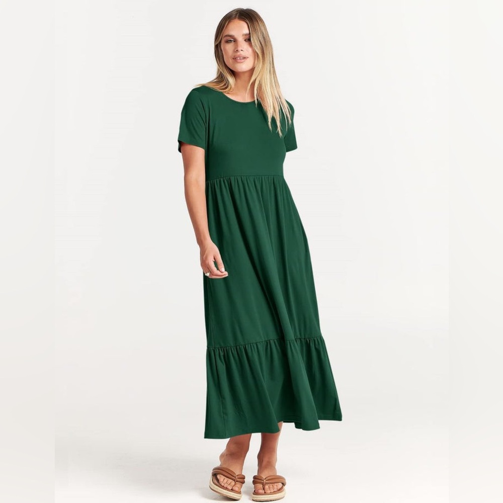 ANRABESS Emerald Green SHORT SLEEVE CREWNECK FLOWY MAXI BEACH DRESS Size Medium